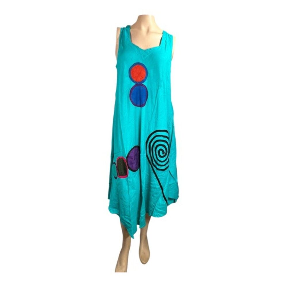 JUNGLEE BILLEE Rayon Boho Dress FREE SIZE Teal Abstract Art Sleeveless India #5